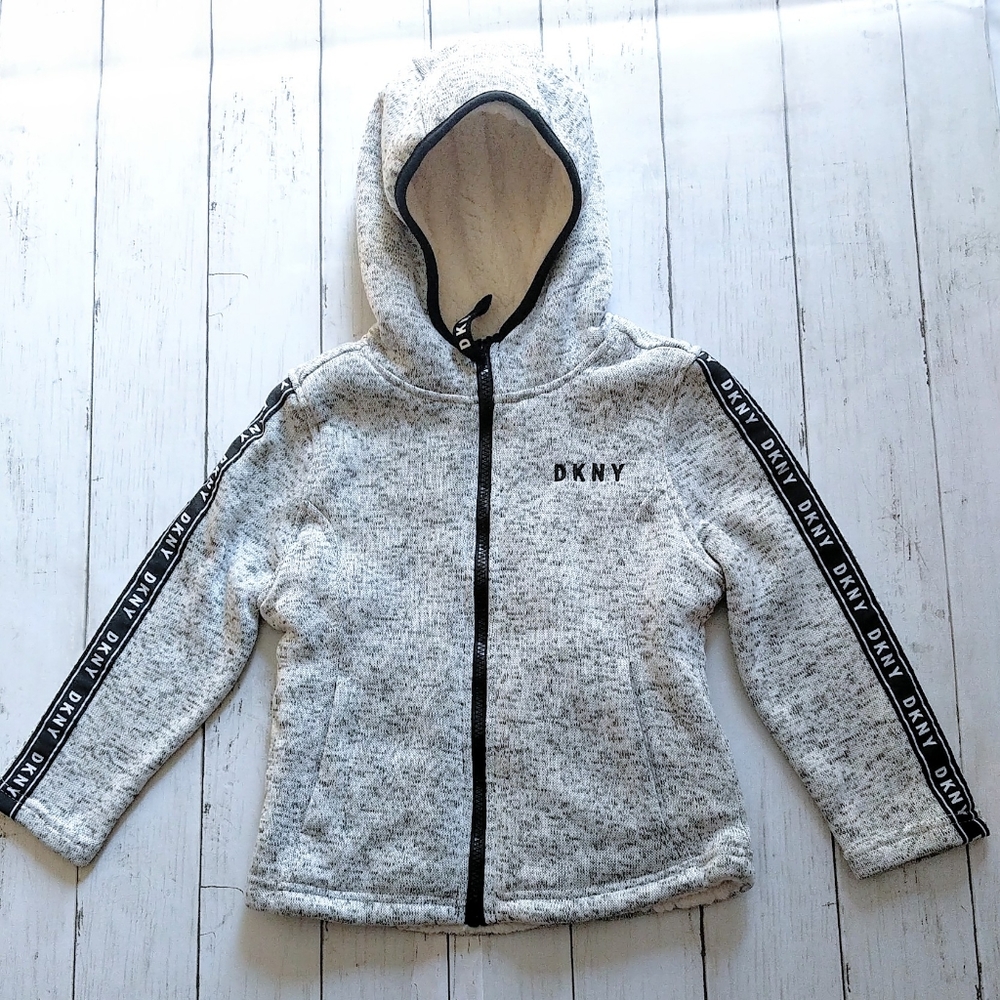 DKNY Sports Hooded Jacket Girl XS 5/6 Full Zip Hoodie Fleece Lined Kids Gray